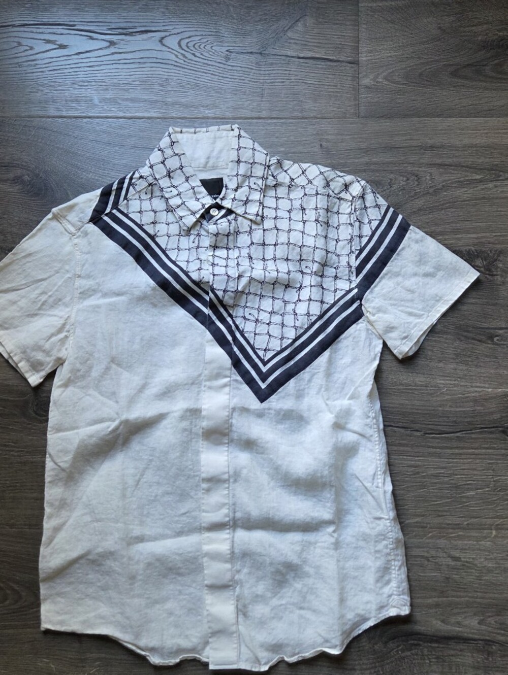 Yoshio Kubo Men's White Short-Sleeve Button-Down Shirt,  Geometric Yoke Size 1